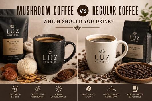 Mushroom coffee vs regular coffee comparison with Luz Coffee Co mugs coffee beans and mushroom ingredients