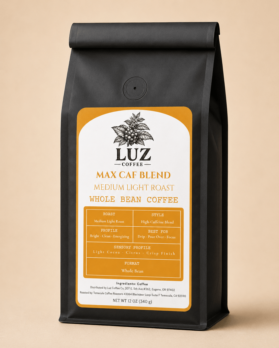 Max Caf High Caffeine Coffee | Medium - Light Roast - Luz Coffee Co