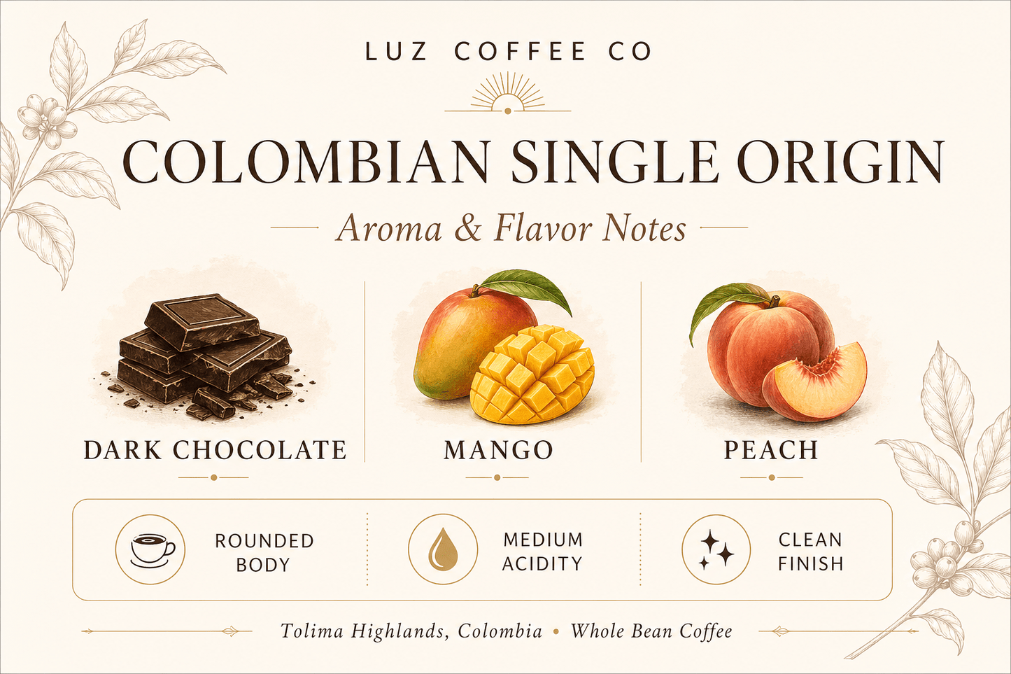 Colombian Single Origin | Medium Roast Whole Bean Coffee - Luz Coffee Co