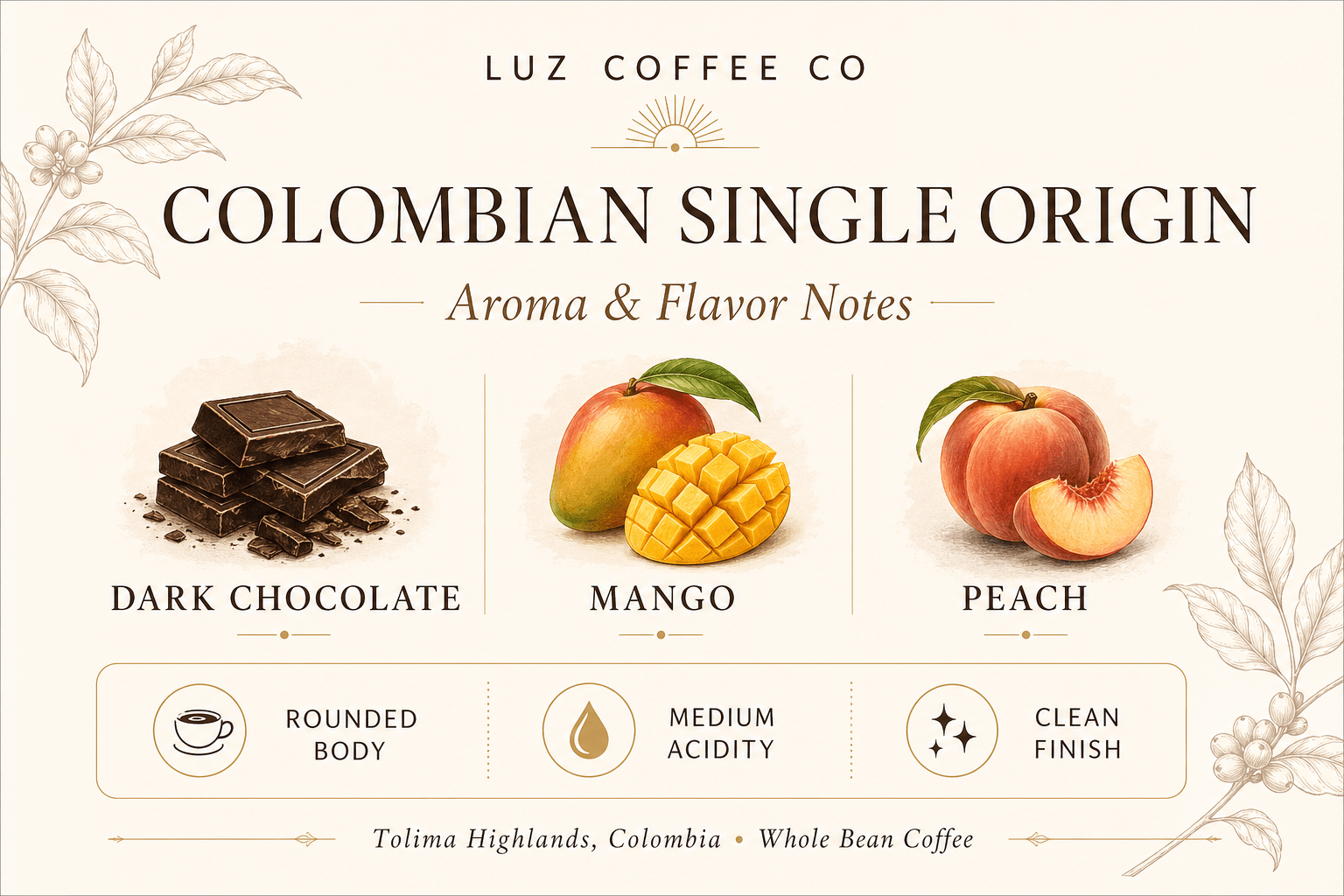 Colombian Single Origin | Medium Roast Whole Bean Coffee - Luz Coffee Co