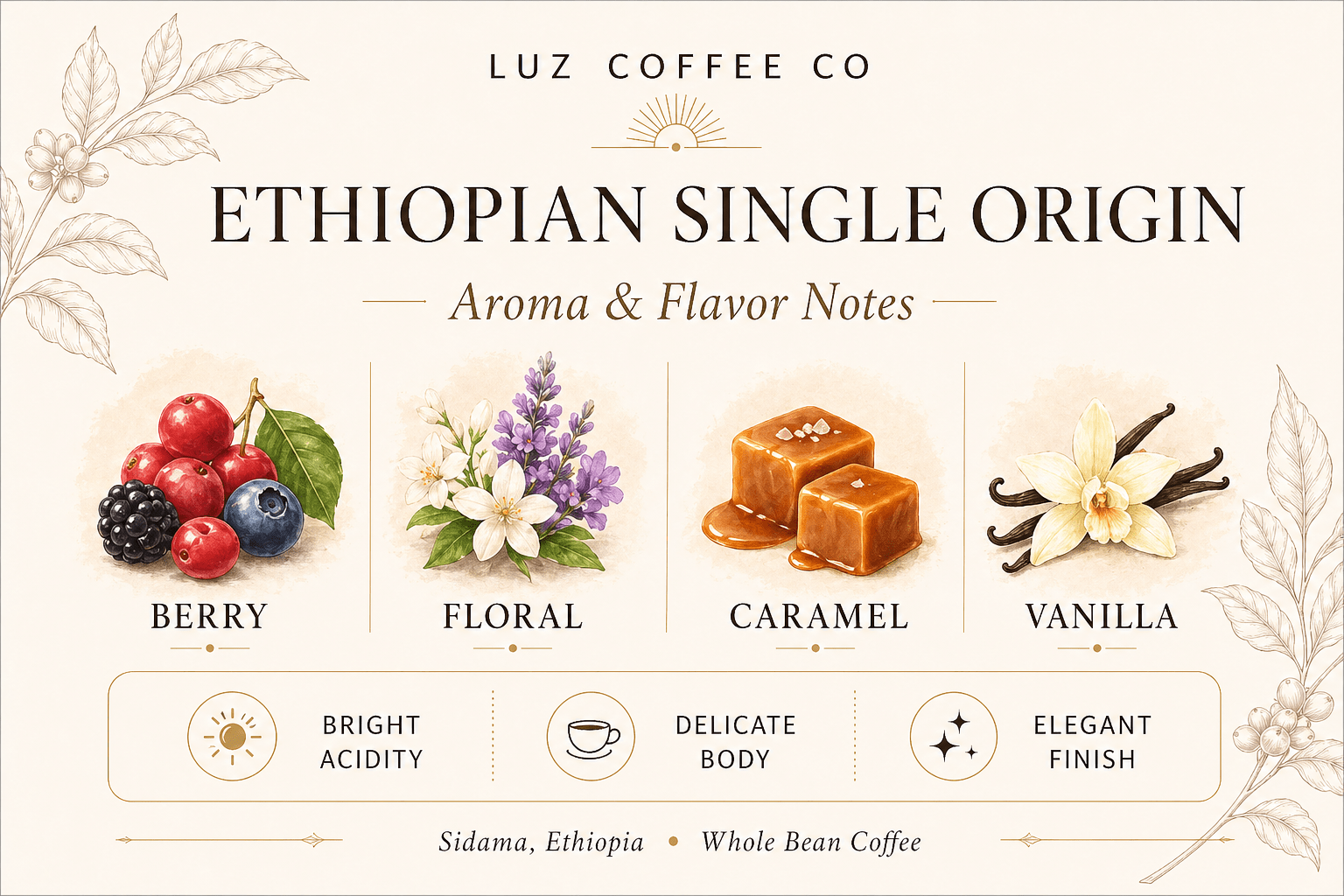 Ethiopian Single Origin | Medium Light Roast Coffee Whole Bean Coffee - Luz Coffee Co